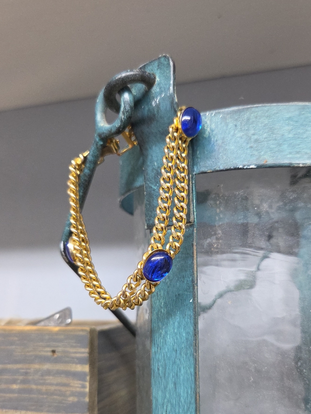 Vintage Gold Tone Chain Bracelet with Blue Cabochons - Women Jewelry